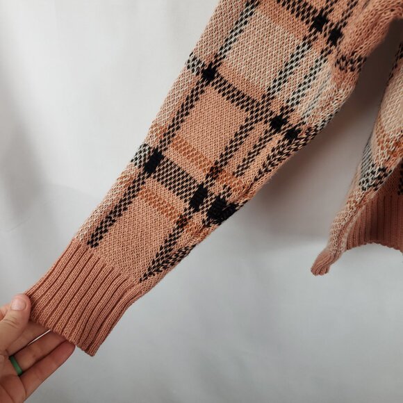 Belle Du Jour Pink Brown Plaid Knit Womens Crop Top Long Slv Sweater V Neck XL - Picture 3 of 10